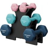 SONGMICS Kurzhantel Set, Hexagon, mit Hantelständer, 2 x 1 kg, 2 x 2 kg, 2 x 3 kg, mattes Finish, Neopren-Beschichtung, Krafttraining, zu Hause, limettengrün, rosa, aquamarin und blau SYL612MK