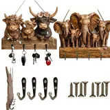 Rustikaler Highland-Kuh-Schlüsselhalter aus Holz für die Familie, Bauernhaus-Wandbehang-Organizer mit 4 Metallhaken, dekoratives Metall-Schlüsselbrett im Landhausstil mit Kuh-Wand (2PCS-ALL)