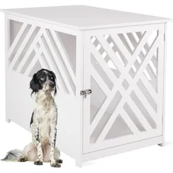 WONDERMAKE® Design Hundekäfig aus Holz für Zuhause Wohnung mit Beistelltisch, Hundebox fürs Wohnzimmer Indoor, 90x60 cm weiß