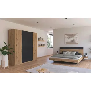 Rauch Schlafzimmer-Set "Monza", grau (eiche artisan, graumetallic), Bett 180x200cm + ohne Matratze, B/H: 180cm x 200cm, Bett 180x200cm, Holzwerkstoff, Schlafzimmermöbel-Sets, mit Drehtürenschrank Breite 226 cm, Bettanlage in 2 Breiten