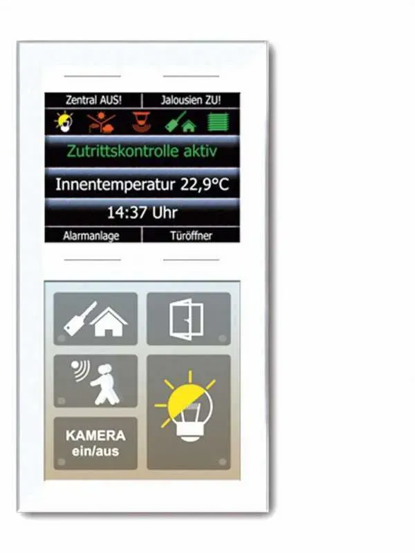 Glas-Infomodul mit sechs plus vier kapazitiven Tasten, 2,8 Zoll-Grafikdisplay und Temperatursensor in weiß, LCN-GTS10DW Rahmenlos