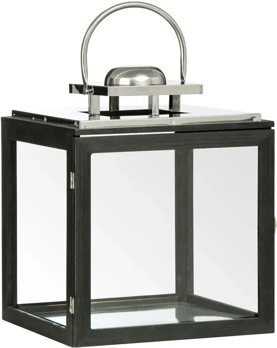 Premier Housewares Große Edelstahllaterne mit schwarzer Holzrahmen-Kandelabier, ideal für dekorativen Kerzenschein im Innen- und Außenbereich