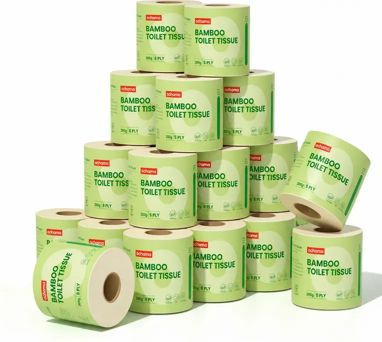 ochama Bambus Toilettenpapier, Fünf-lagig Verstärkt, Rollen-Packung mit Kern, Ungebleichtes Bambuszellstoffpapier, Badezimmerpapier, 200g * 27 Rollen, Familienpackung