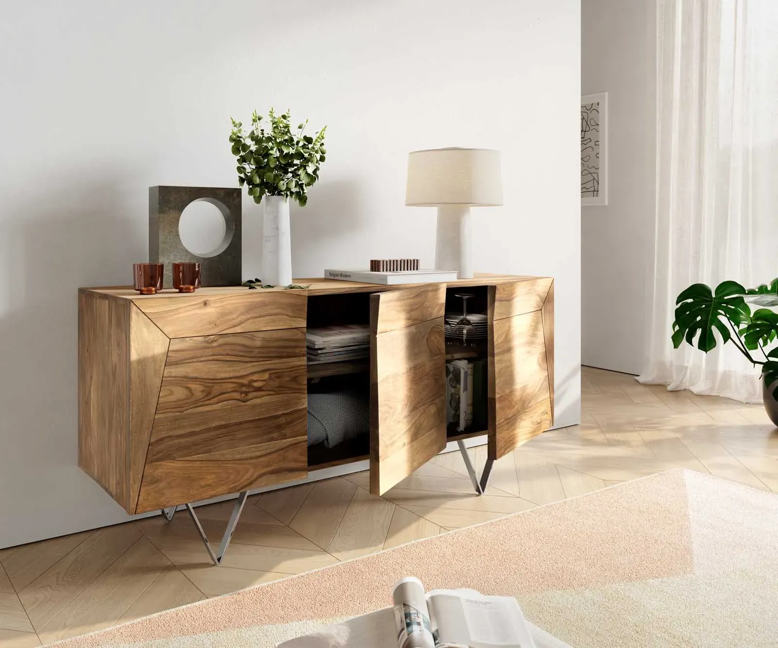 DELIFE Buffet design Wyatt 150 cm Sheesham naturel optique 3D en haut acier inoxydable, Buffets