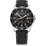 Victorinox Herren Armbanduhr FieldForce GMT Ø 42 mm, Swiss Made, Analog Quarz, Wasserdicht bis 100 m, Leder-Armband, Schwarz