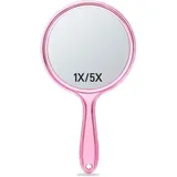 OMIRO Handspiegel, Doppelseitiger Handspiegel 1X/5X Vergrößerungsspiegel mit Griff (Transparent Rosa)