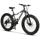 CARPAT SPORT Fatbike 26 Zoll Fat Tire 4.0 Hardtail MTB Herren Damen, geeignet ab 170 cm, 21 Gang Shimano Tourney TZ-500 Schaltwerk, Kettenschaltung, mechanische Scheibenbremse, Fat Bike Mountainbike schwarz