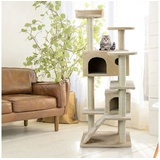 nyvi Katzen Kratzbaum Sammy 132 cm Beige - Deluxe Katzenbaum mit 2 Katzenhöhlen, 3 Plattformen und Sisal Kratzsäule