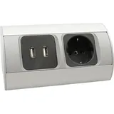 Kalb Material Für Möbel kalb 2-fach Eckteckdosenleiste zur Montage, 1x 230V und 2x USB Steckdosen, Anschlusskabel ohne Stecker, silber/schwarz