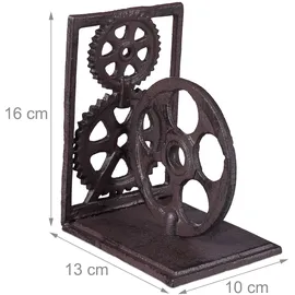 Relaxdays Buchstütze Retro, Gusseisen, Bücher, DVDs, Zahnräder, Filmrolle, Deko Buchwinkel HxBxT: 16 x 13 x 10 cm, braun