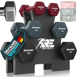 RE:SPORT® Hantel-Set 3 Paar, 1kg - 5kg, 12kg oder 18kg mit Ständer & 3x Fitnessbänder | Rutschfeste Neopren Kurzhanteln für Damen & Herren | Hanteln Hantelset (Magenta/Nebelgrau/Schwarz, 12 kg)