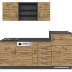 Küche KOCHSTATION "KS-Mali", braun (küche: wotaneiche, graphit, wotaneiche, front: wotaneiche, korpus: graphit, arbeitsplatte: wotaneiche), B:210cm H:200cm T:60cm, Komplettküchen-Sets, Breite 210 cm, mit E-Geräten