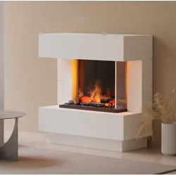 muenkel design London 900 [Elektrokamin Opti-myst]: weiß (warm) - Mit Heizung - Kieswanne mit weißen Steinen
