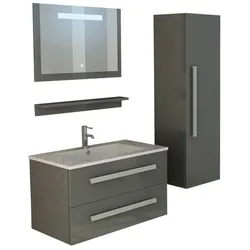 Bad-Set Waschtisch Waschbecken Unterschrank Spiegel LED grau Hochschrank Badschrank Badmöbel Badezimmer Badinventar Bad St. Moritz Jet-Line