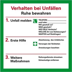 Schild I Aushang Verhalten bei Unfällen, Kunststoff, 200x200mm
