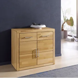 Home Affaire Kommode HOME AFFAIRE "Logo,90cm breit,42 cm tief, Fronten Massivholz,2 Türen,2 Schubladen", beige (kernbuche teilmassiv), B:90cm H:80cm T:42cm, Holz teilmassiv, Sideboards, Kommode, Holz massiv, Holzwerkstoff,2 breite Fächer,Boden versetzbar