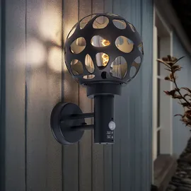 GLOBO LED Aussenlampe mit Bewegungsmelder anthrazit Wandlampe mit Bewegungsmelder Außen Wandleuchte Kugel, im Loch-Design, 1x Filament LED warmweiß Edelstahl ALU, H 32,7 cm