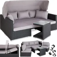 tectake Rattan Sonneninsel Sitzgruppe, Lounge Möbel Set inkl. Sofa mit Sonnendach, Hocker, Sesseln und Tisch, Outdoor Gartenmöbel, Loungemöbel Balkon und Garten, Terrassenmöbel, wetterfest - schwarz