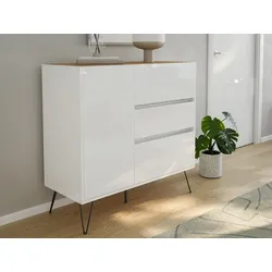 Design Sideboard Kommode Altan 100cm Greifraum 3 SoftClose 1 Tür Weiß/Eiche Top