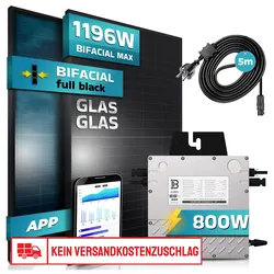 SUNNIVA® Balkonkraftwerk FULL BLACK BIFACIAL 1196W / 800W Solaranlage mit 800W Beny Micro Wechselrichter, drosselbar, 2x460W Bifaziale All Black Glas-Glas Solarmodule, 5m Kabel, Photovoltaikanlage, PV