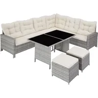 tectake Polyrattan Lounge Set, Gartenmöbel Set mit Sofa, Hocker + Tisch, Balkon Möbel Outdoor, 5-teilige Sitzgruppe, inkl. Sitz- & Rückenkissen, ideal für Garten, Terrasse, Balkon - hellgrau