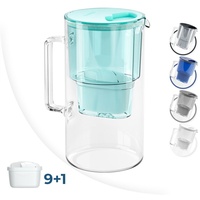 Wessper Wasserfilterkanne aus Glas 2.5 L Kompatibel mit Brita-Wasserfilterkartuschen, Inklusive 10 Wasserfilter-Kartusche, Minze