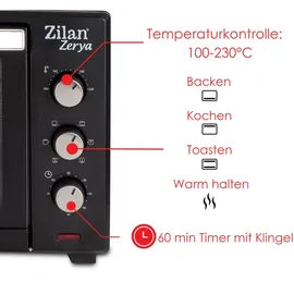 Zilan Minibackofen 45 Liter Konvektion 60 min Timer Ober-Unterhitze Mini Backofen Kleiner Backofen Elektrischer Backofen