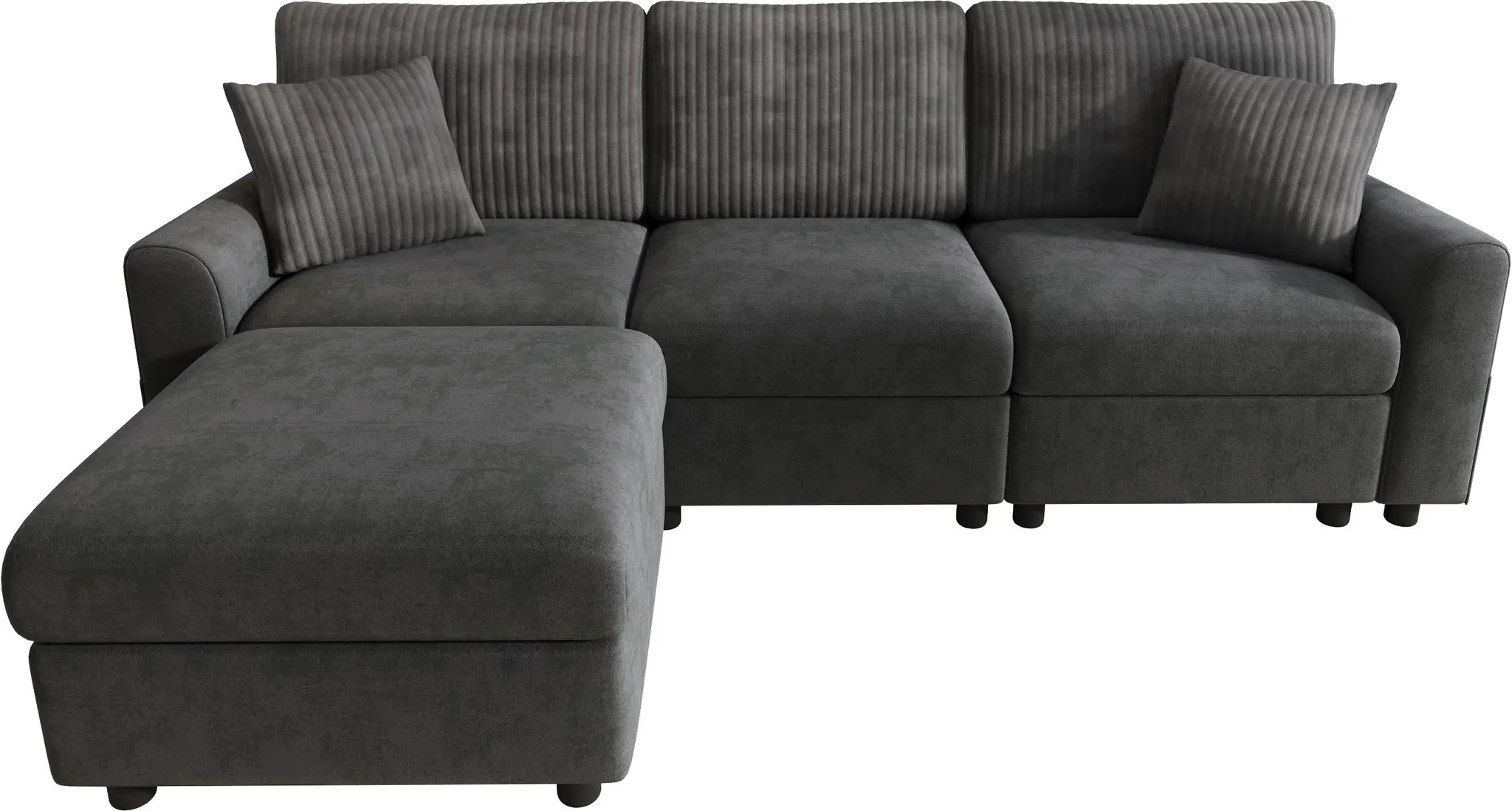 Modernes Sofa mit Fußhocker, Dual‐Port‐Ladefunktion, inkl. 2 quadratischen Kissen, abnehmbare Sitzkissen, 223x146x84 cm, Schwarz