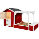 Weka Spielhaus rot mit Pergola und Sandkasten