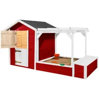 Weka Spielhaus rot mit Pergola und Sandkasten