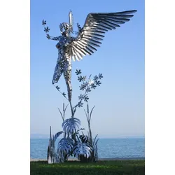 Casa Padrino Luxus Deko Skulptur Engel Silber 200 x 145 x H. 370 cm - Riesige Edelstahl Skulptur - Riesige Garten Deko Figur - Garten Skulpturen - Metall Skulpturen