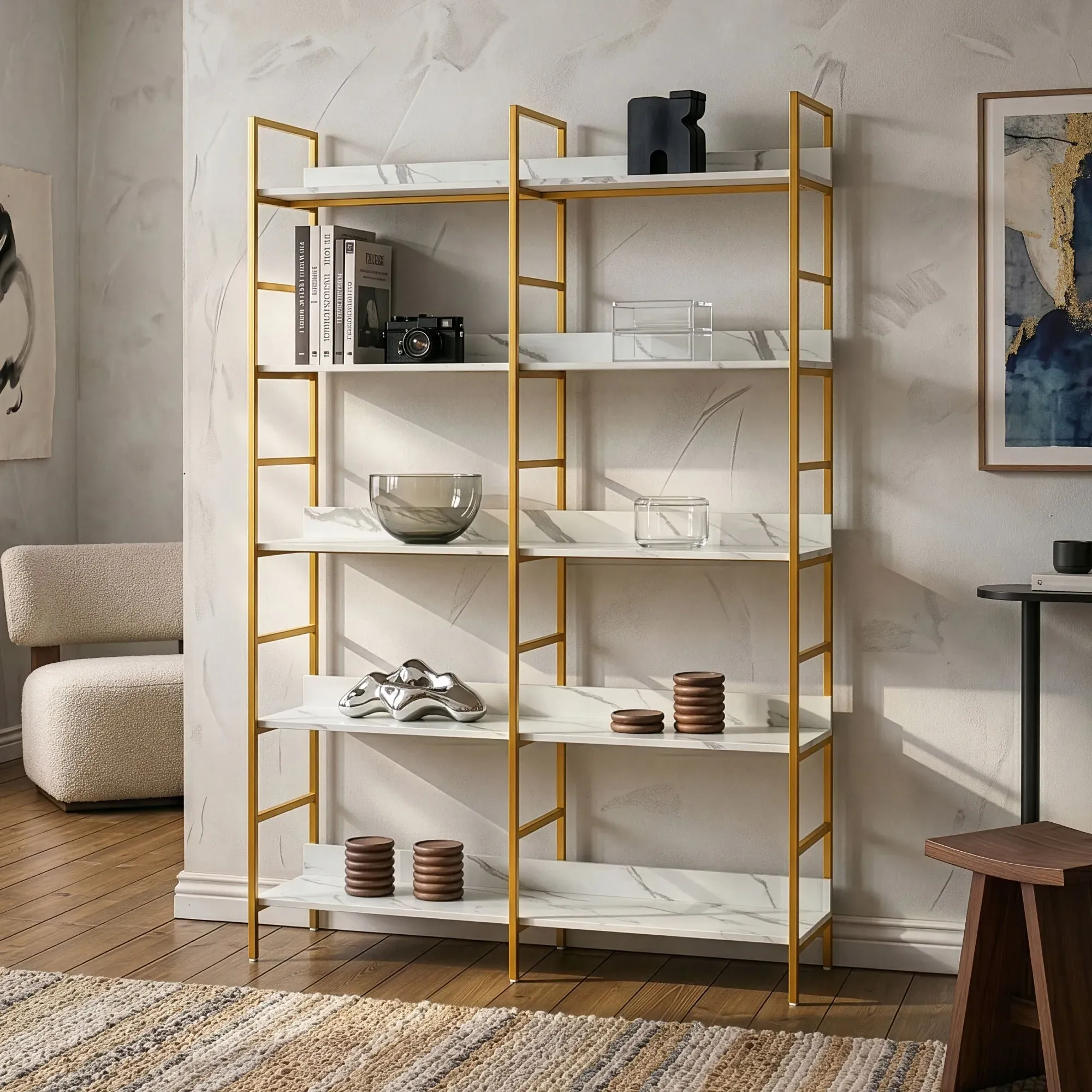 Bücherregal Noskik 180x120x30 cm Goldfarben/Marmoroptik, weiß [en.casa]