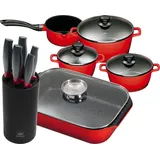 11tlg. KING Vorteilsset ROT: 4tlg. Kochtopfset Aluguss Rot 3xKochtöpfe in Ø16,Ø20,Ø24cm, 1xStieltopf Ø16cm + 6tlg. Messerset CARBON RED LINE, ...