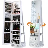 COSTWAY Schmuckschrank mit Ganzkörperspiegel, LED Spiegelschrank rahmenlos, Schmuck-Organizer 360° drehbar & abschließbar, Schmuckaufbewahrung (Weiß)