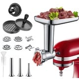 COFUN Fleischwolf Aufsatz für Kitchenaid Zubehör, als Fleischwolf Zubehör mit 4 Mahlscheibe 3 Wurstfüllhörner 1 Burgerpresse für Kitchen Aid, Aluminiumlegierung Fleischwolf-Aufsatz