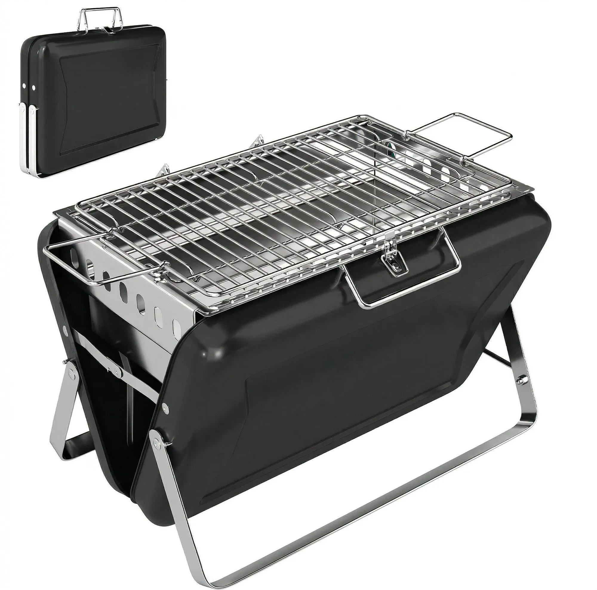 Outsunny Holzkohlegrill aus Edelstahl BBQ Smoker mit Grillrost Holzkohle Grill mit Griff klappbaren Beinen, Kohlegrill Standgrill für Barbeque Camping Terrasse Garten 40 x 28 x 25,5 cm Schwarz   Aosom