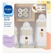 MAM Easy Start Anti-Colic Welcome Set, Baby Erstausstattung mit 3 Anti-Colic Flaschen, Schnuller und Schnullerband, Baby Geschenk Set, ab der Geburt, beige