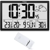 GreenBlue GB218 Wetterstation Digitale Wanduhr mit Außensensor, DCF-Uhr, 37x22,5cm Große Wanduhr, Alarm mit Schlummerfunktion, LCD Display, Innen und Außentemperatur,