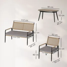 Outsunny Gartenmöbel Set aus Polyrattan Lounge-Set mit 2er Sofa Sessel Glastisch - Dunkelgrau