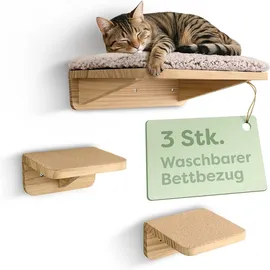 knupis Katzen Kletterwand Set mit Katzenbett & 2X Katzentreppe – Kiefernholz, Stabile Wandliege bis 30 kg – Für Spielspaß & Gemütlichkeit - Beige