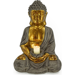 NOOR LIVING Kerzenhalter Buddha (1 Stück), sitzend, aus Magnesia, Höhe ca. 45 cm grau