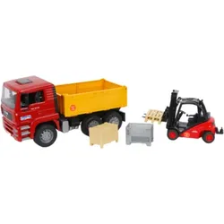 BRUDER 01795 MAN TGA Kipp-LKW mit Linde Gabelstapler, Kiste, Gitterbox