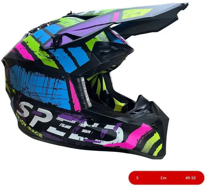 Kinder-Motocross-/Enduro-Helm für Motorrad, ATV, Fahrrad – Größe S (49–50 cm), mattschwarz mit mehrfarbigem Design