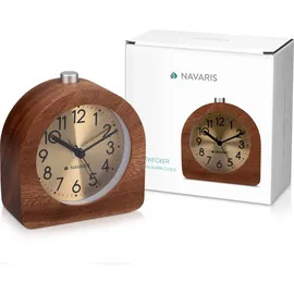 Navaris Analog Holz Wecker mit Snooze - Retro Uhr Halbrund mit Ziffernblatt Gold Alarm Licht - Leise Tischuhr ohne Ticken - Naturholz in Dunkelbraun