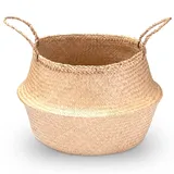 Decorasian Seegras Korb rund geflochten, Körbe zur Aufbewahrung und als Blumenkorb - Übertopf in Bast BZW. Rattan Optik - Seegraskorb mit Henkel zum Tragen - Wäschekorb - 45cm