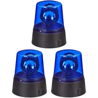 Relaxdays LED Blaulicht, 3er Set, Rundumleuchte mit drehendem Reflektor, Partylicht, Geburtstag, batteriebetrieben, blau