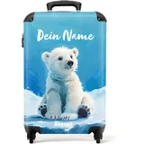 NoBoringSuitcases.com Kinderkoffer, Koffer Personalisiert, Kinder Koffer, Koffer Kinder, Trolley Handgepäck, Kabinenkoffer, Kinder Koffer mit Rollen, Handgepäck 55x40x20 cm (Weißer Eisbär - Blau)