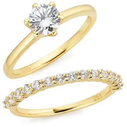 Fingerring FIRETTI "Multipack Schmuck Geschenk Silber 925 2 Silberringe" Gr. 59, gold (gelbgoldfarben, kristallweiß, kristallweiß), Fingerringe, Damen, 59, Silber 925 (Sterlingsilber), 2mm, mit Zirkonia (synth.)