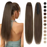 Haarteile Echthaar Ponytail Extension Clip in Pferdeschwanz Extensions Echthaar Glatt Zopf Haarverlängerung mit Klammer Claw Hair Extensions 7A Remy Hair 40cm-105g 02# Dunkelbraun