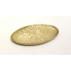 Kerzenteller, Dekoteller in ovaler Form Messing Gold matt im Baum-Design 18 x 9 cm Ellipsenkerzen